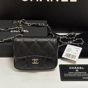 CHANEL Black Quilted Mini Crossbody with Silver Chain and CC Logo